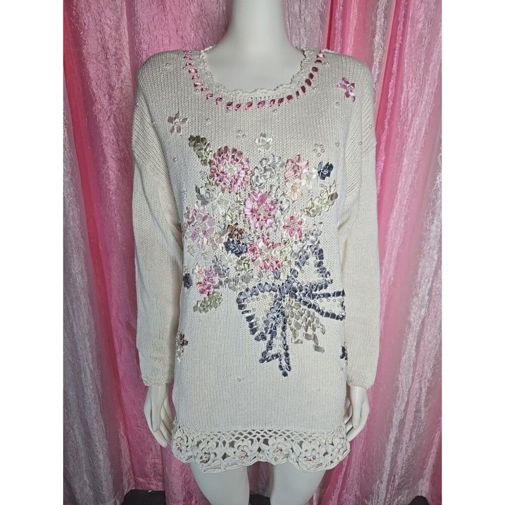 New Concepts Vintage Cottagecore Ivory Knit Pearls Ribbon Sweater Size Medium